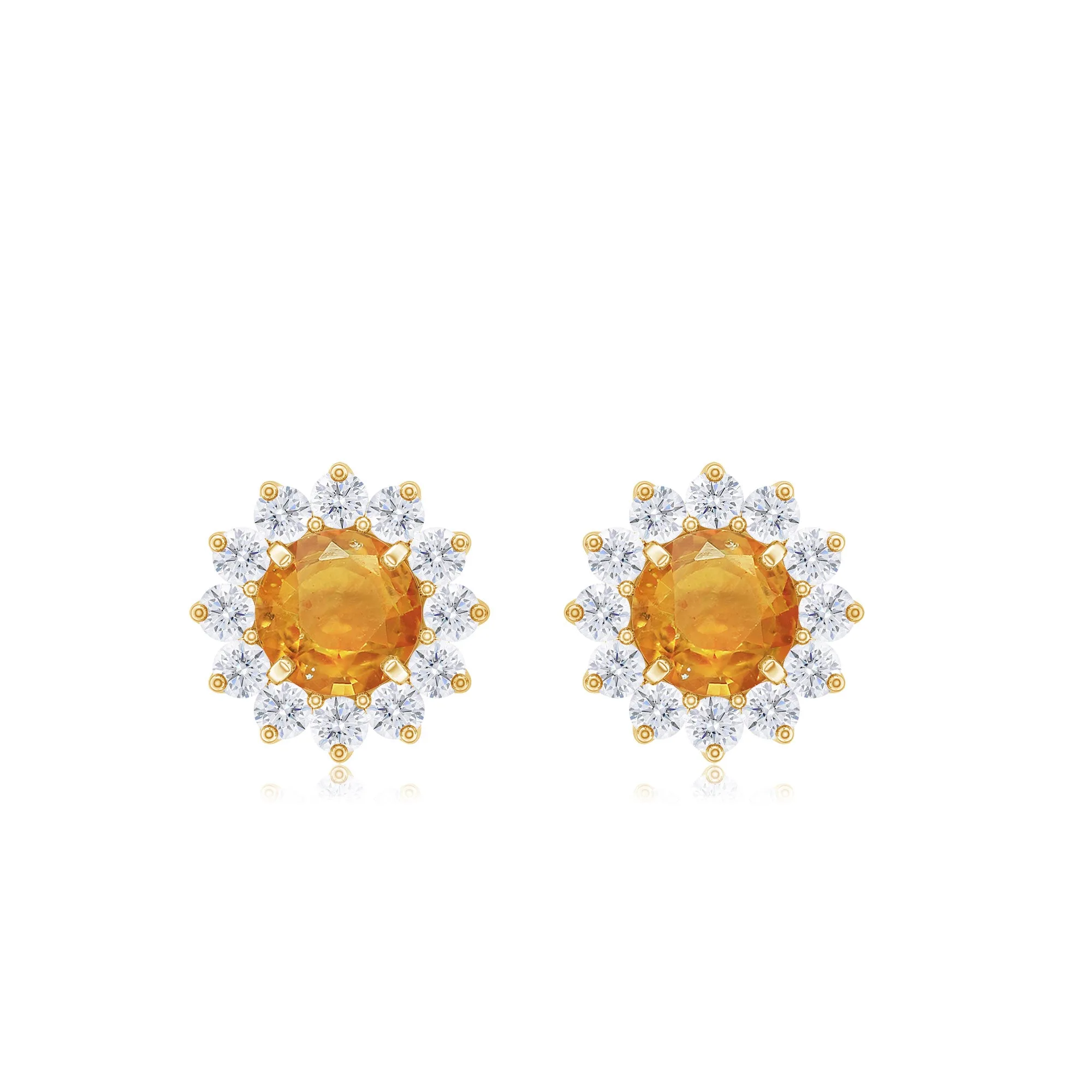 1 CT Orange Sapphire Classic Stud Earrings with Diamond Halo