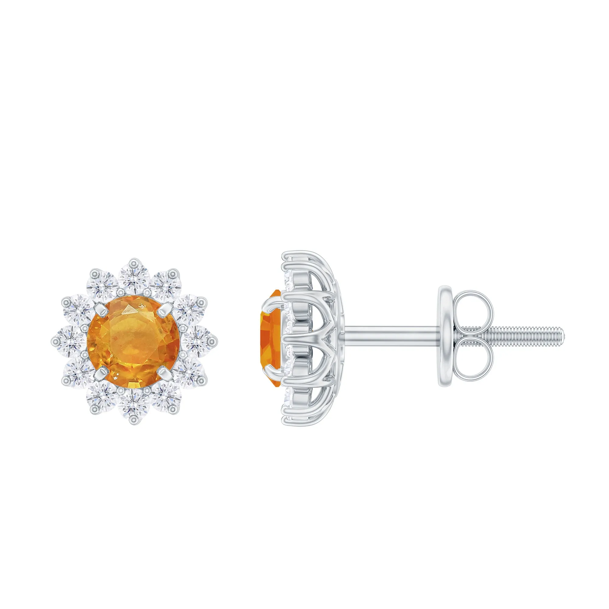 1 CT Orange Sapphire Classic Stud Earrings with Diamond Halo