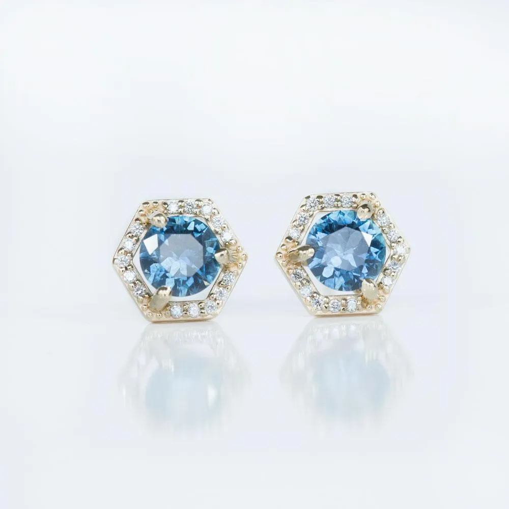 1.06ctw Montana Sapphire Earrings in Yellow Gold Diamond Halo Setting