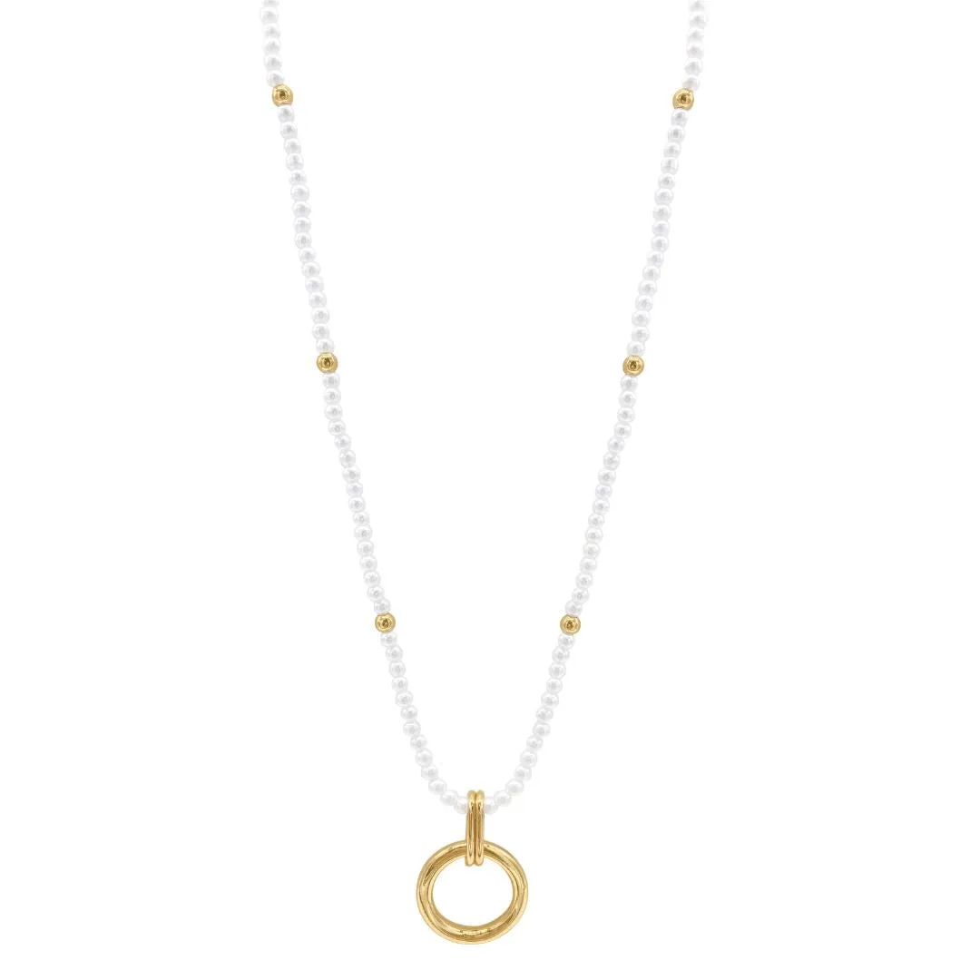 14k Gold Plated Pearl Beaded Ring Pendant Necklace