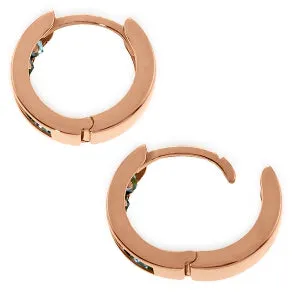 14K Solid Rose Gold Hoop Huggie Earrings w/ Green Sapphires