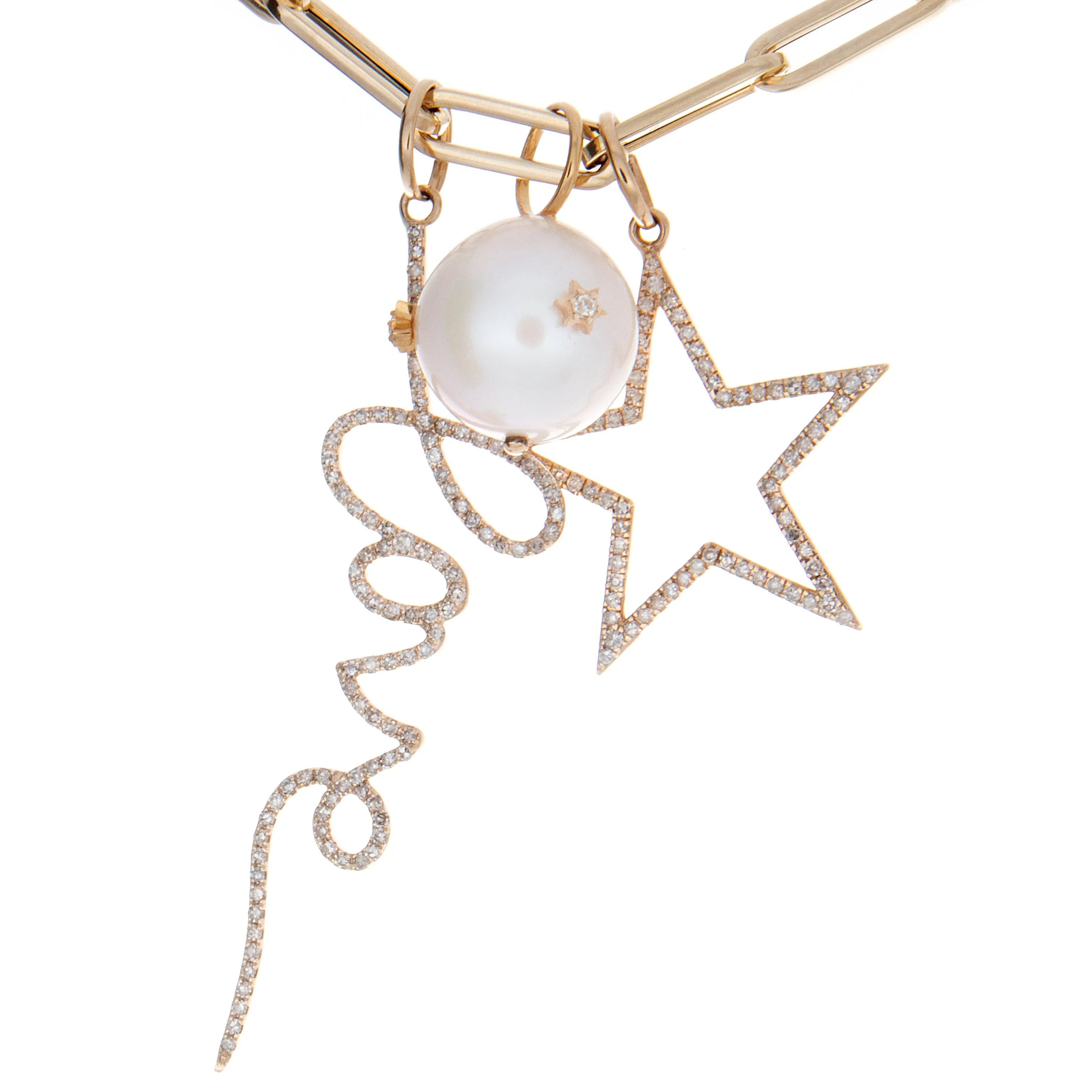 14K Yellow Gold Diamond Star and Pearl Pendant