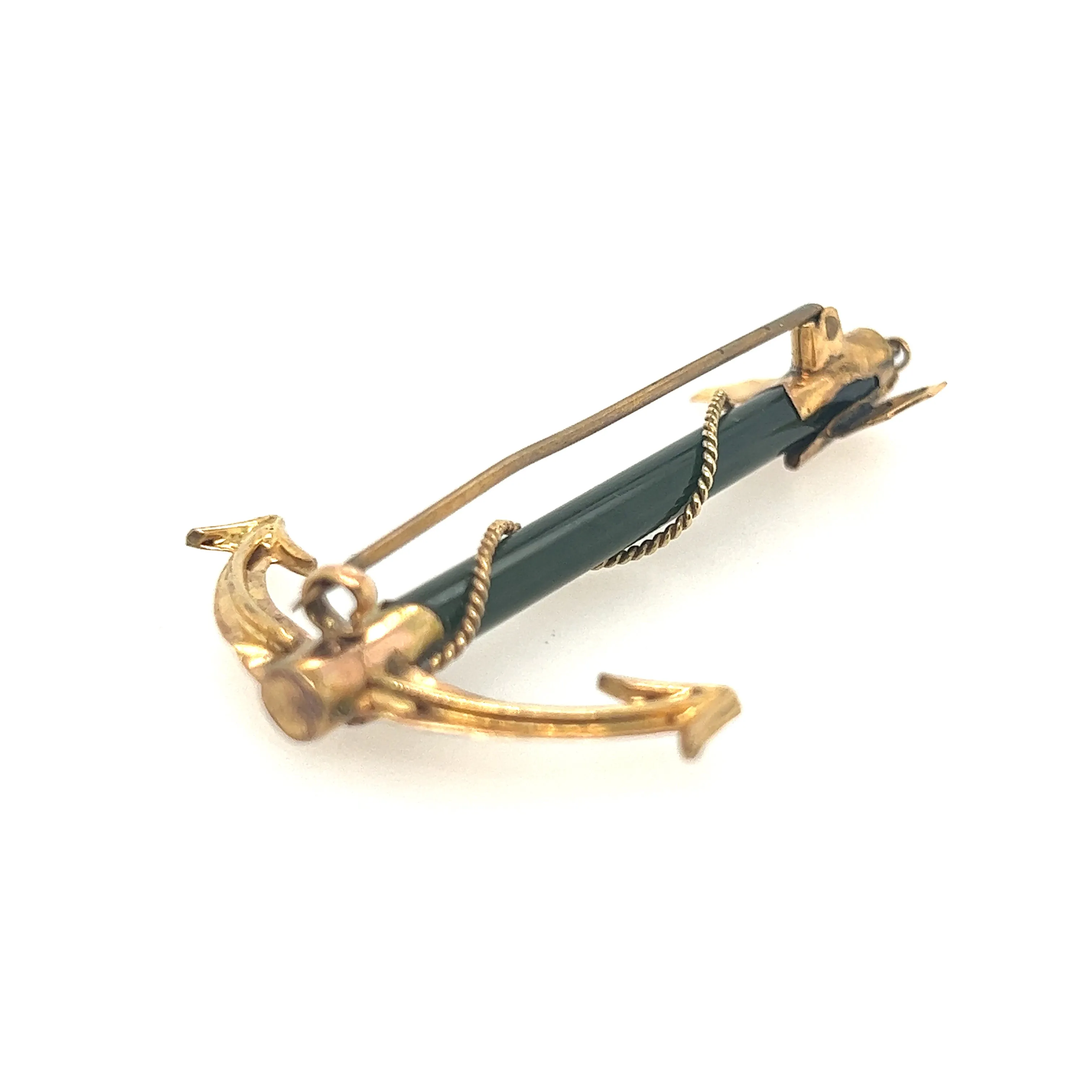 18ct Yellow Gold Jade Engraved Anchor Brooch