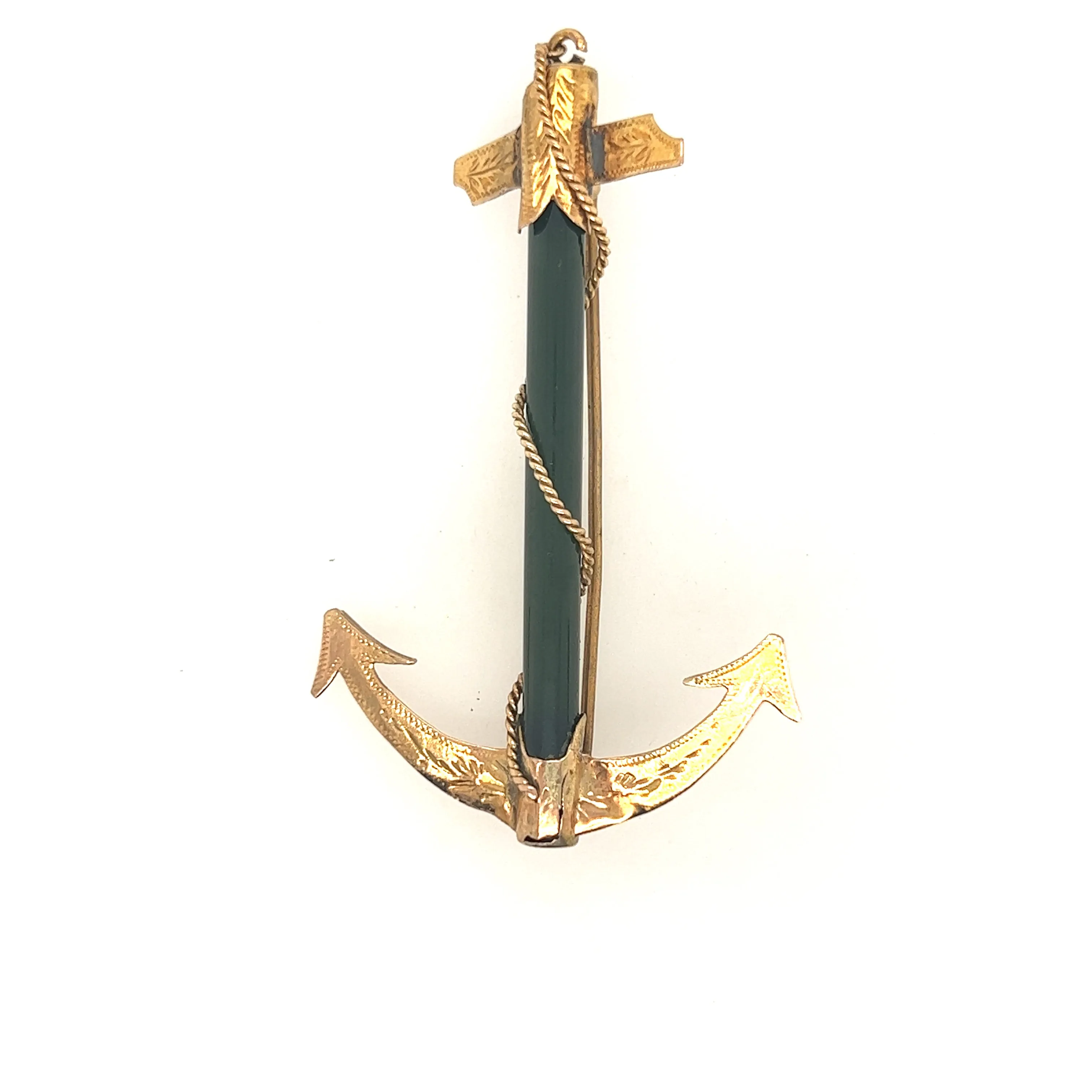 18ct Yellow Gold Jade Engraved Anchor Brooch