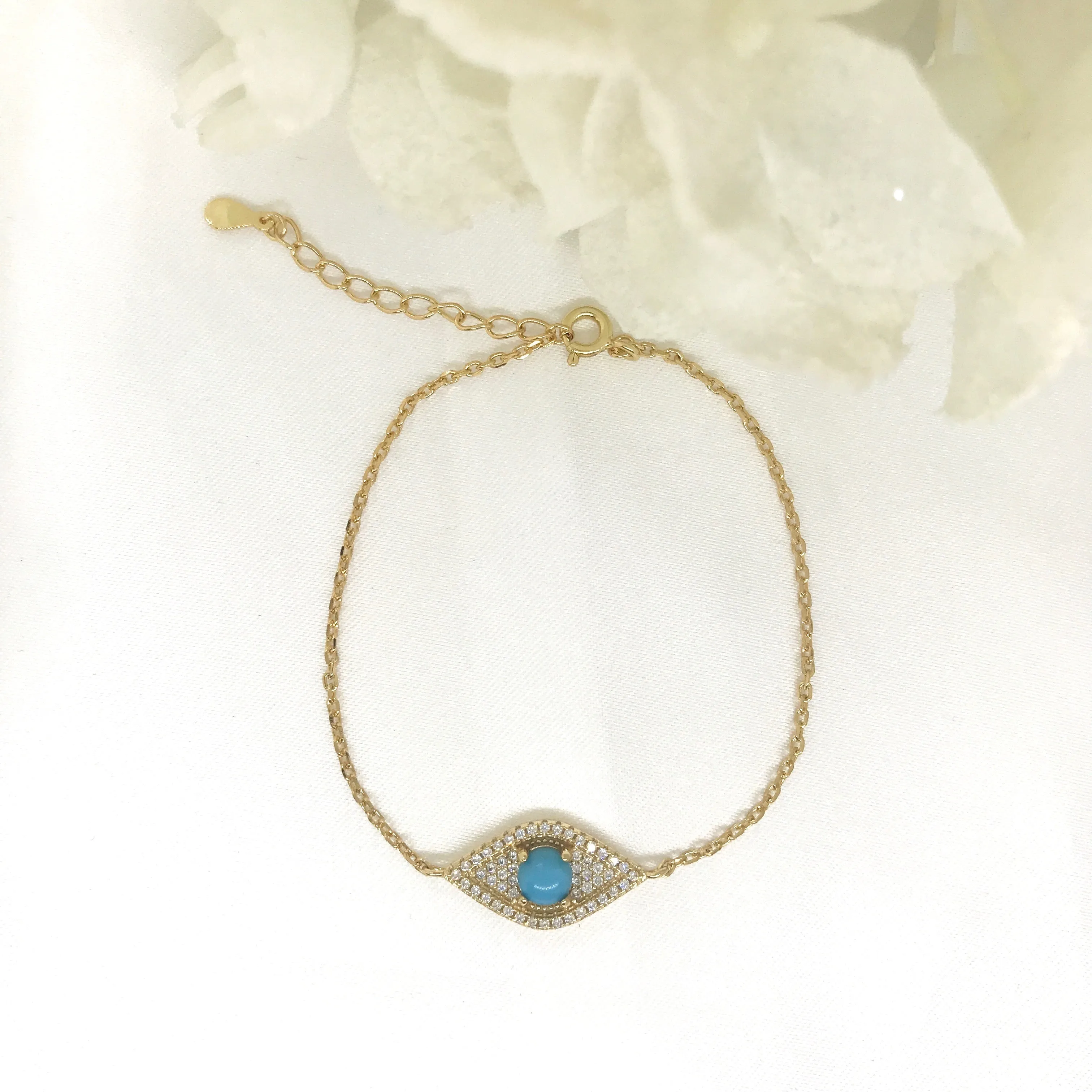 18k/925 Vermeil Evil Eye Bracelet with CZ and Blue Centre Stone