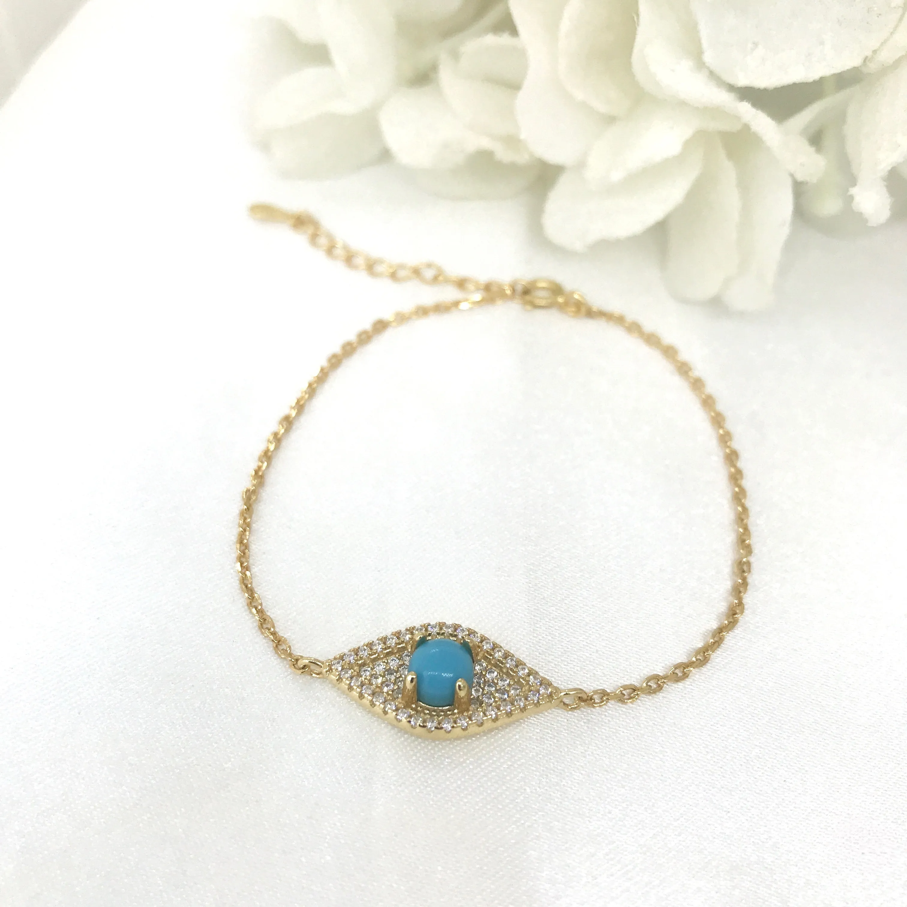 18k/925 Vermeil Evil Eye Bracelet with CZ and Blue Centre Stone