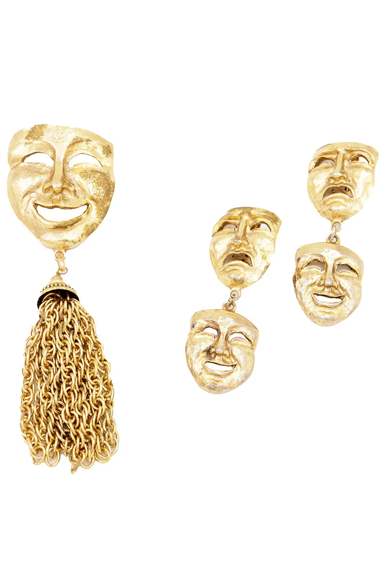 1992 Vintage Moschino Gold Tragedy & Comedy Earrings & Tassel Brooch Set