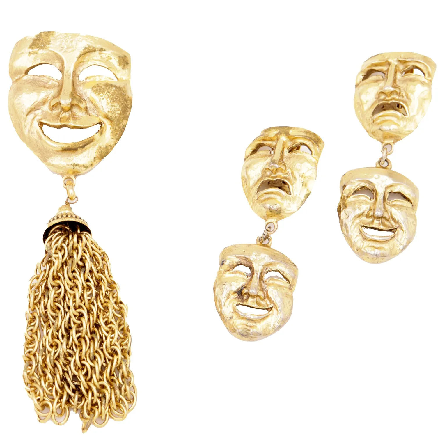 1992 Vintage Moschino Gold Tragedy & Comedy Earrings & Tassel Brooch Set