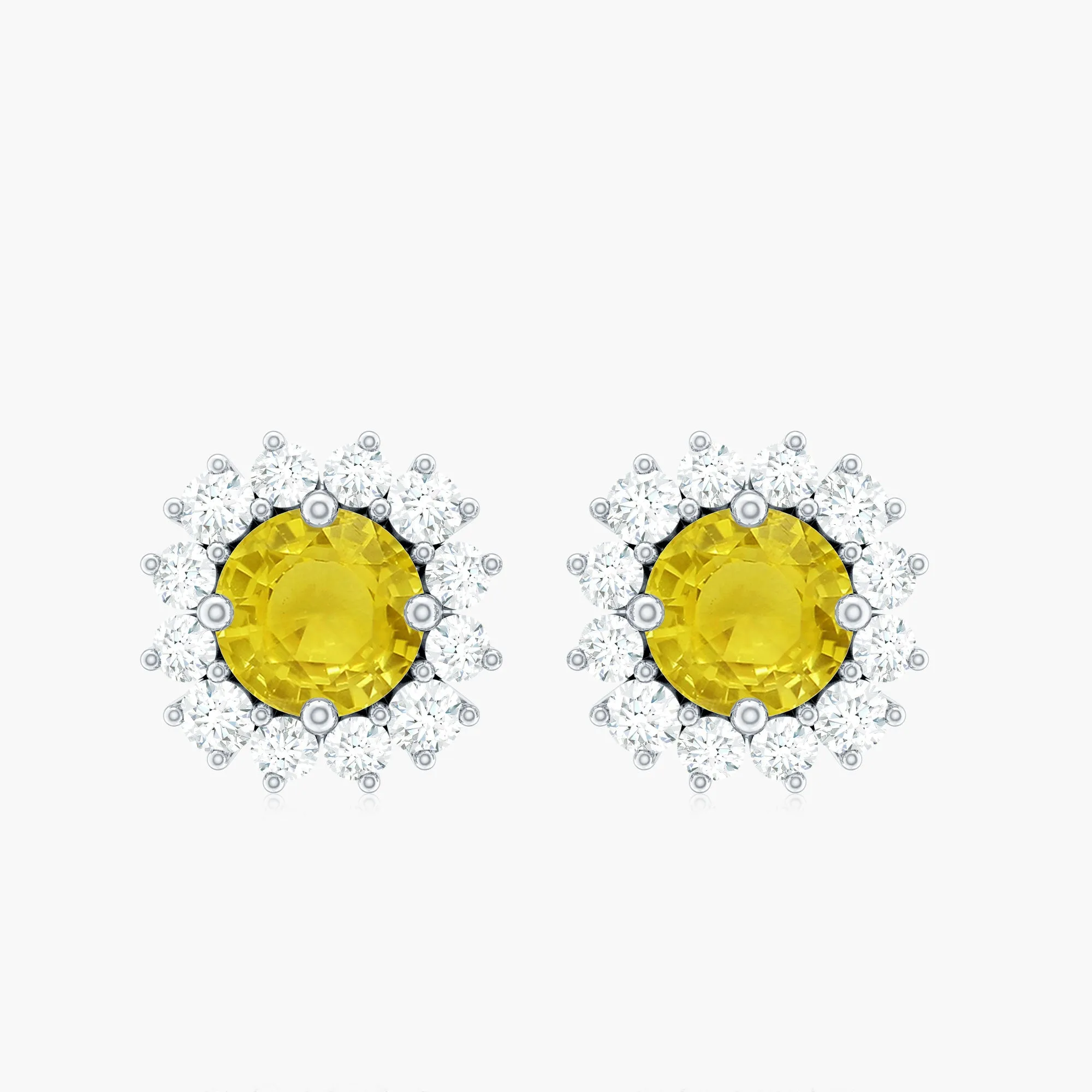 2 CT Yellow Sapphire and Diamond Classic Halo Stud Earrings