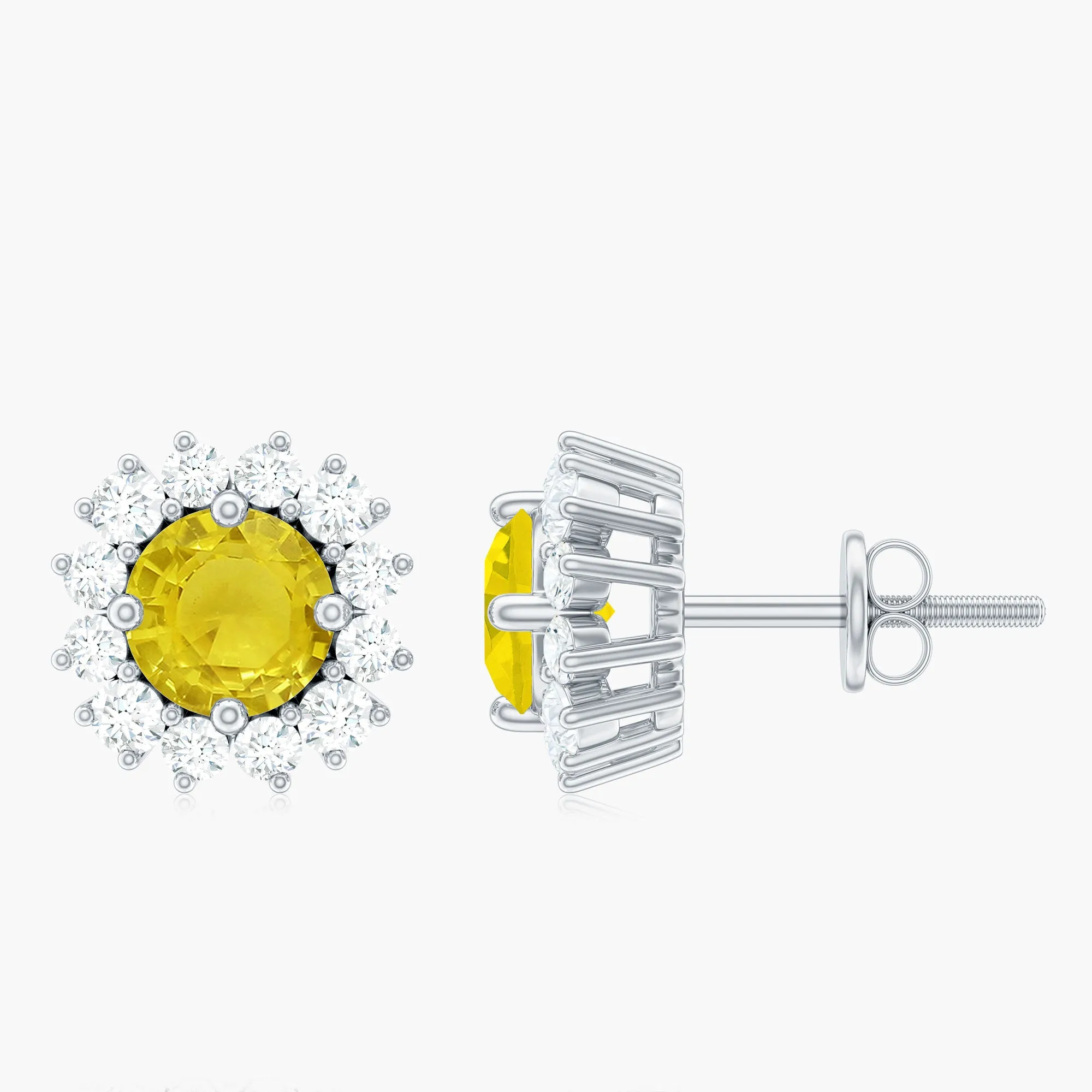 2 CT Yellow Sapphire and Diamond Classic Halo Stud Earrings