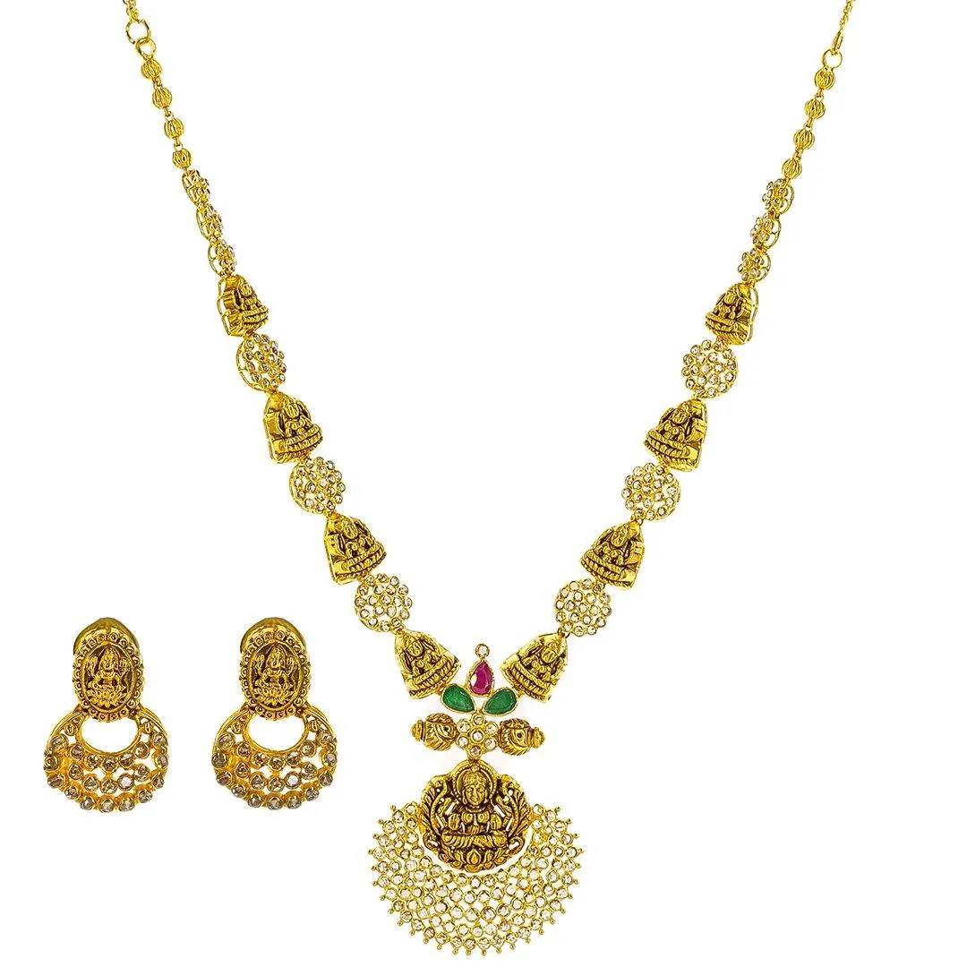 22K Yellow Gold Uncut Diamond Antique Temple Necklace Set W/ 7.36ct Uncut Diamonds, Rubies, Emeralds & Laxmi Pendants