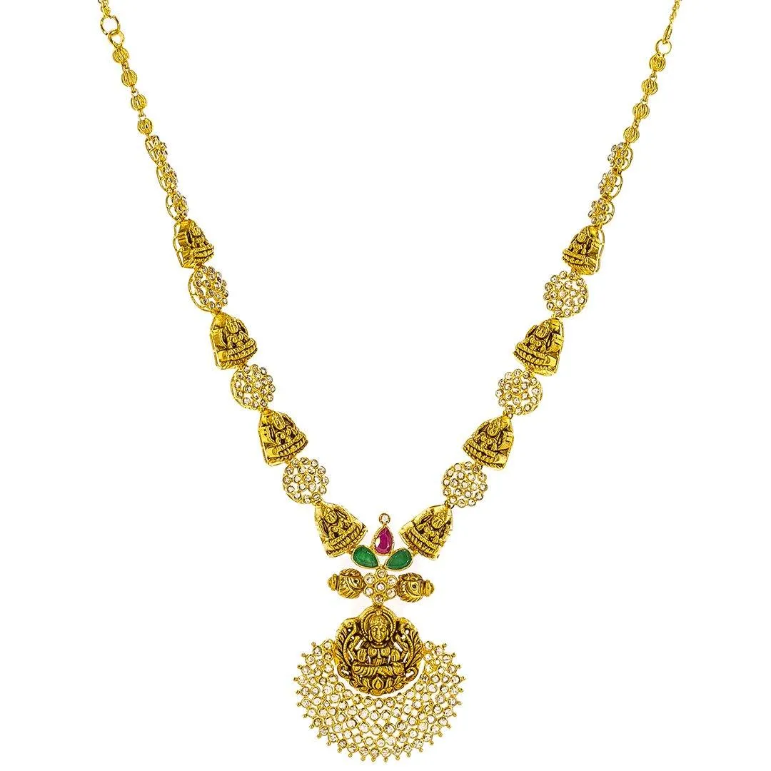 22K Yellow Gold Uncut Diamond Antique Temple Necklace Set W/ 7.36ct Uncut Diamonds, Rubies, Emeralds & Laxmi Pendants