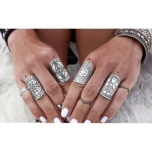 4PCS/Set Hot Sale Bohemia Vintage Rings Set Ethnic Carving Tibetan Antique Silver Plated Ring Set for Women Boho Beach Jewelry