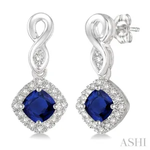 4x4 MM Cushion Shape Sapphire and 1/5 Ctw Round Cut Diamond Earrings in 10K White Gold