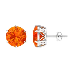 6 Claw Set Round Created Orange Sapphire Solitaire Stud Earrings