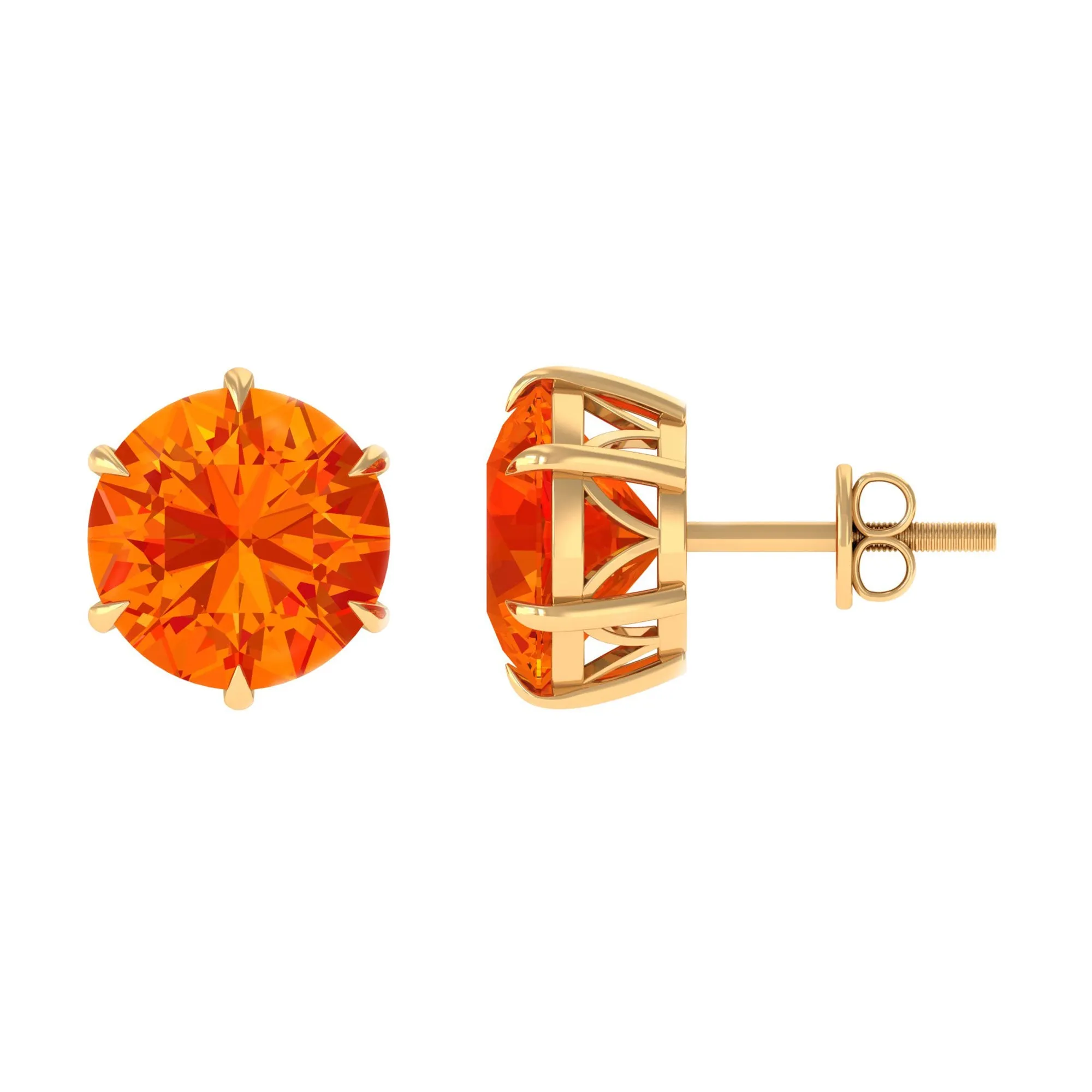 6 Claw Set Round Created Orange Sapphire Solitaire Stud Earrings