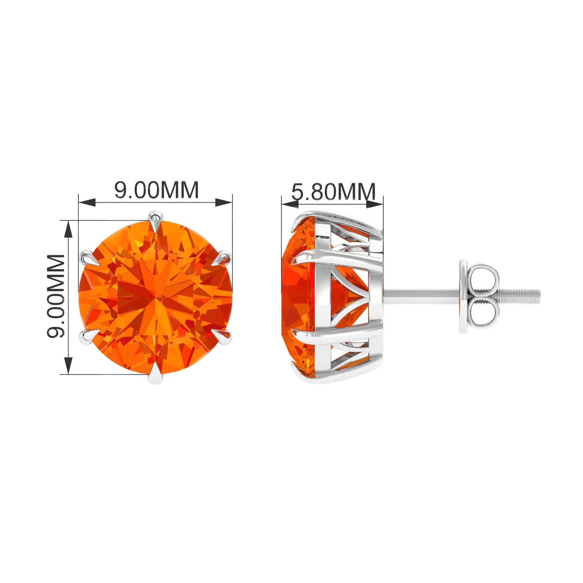 6 Claw Set Round Created Orange Sapphire Solitaire Stud Earrings