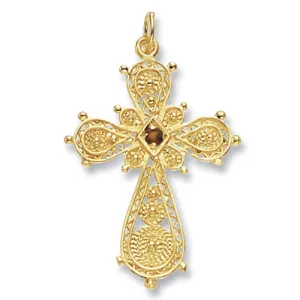 9CT GOLD GARNET CZ FILIGREE CROSS PENDANT