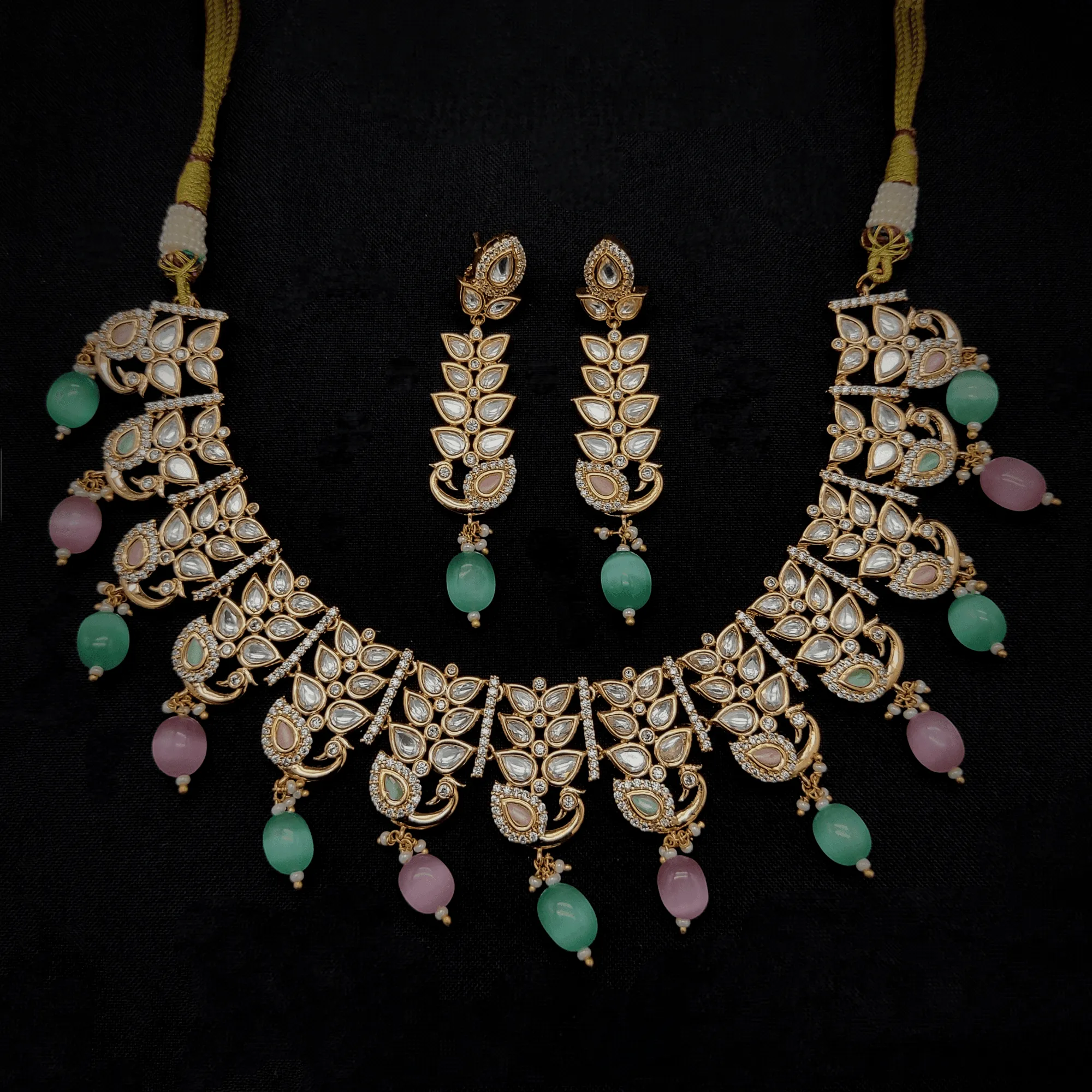 American Diamond Kundan Peacock Leaf Necklace Set