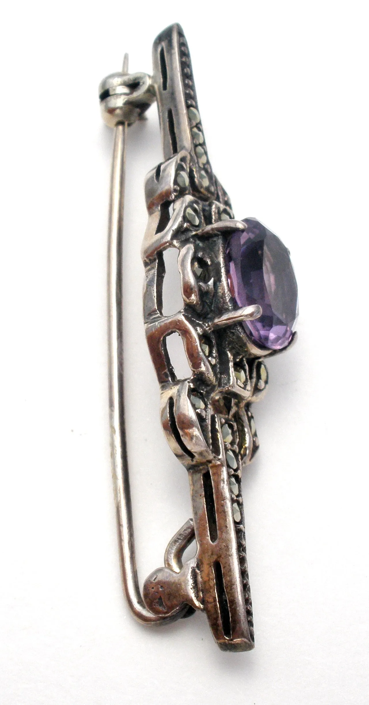 Amethyst & Marcasite Sterling Silver Bar Pin