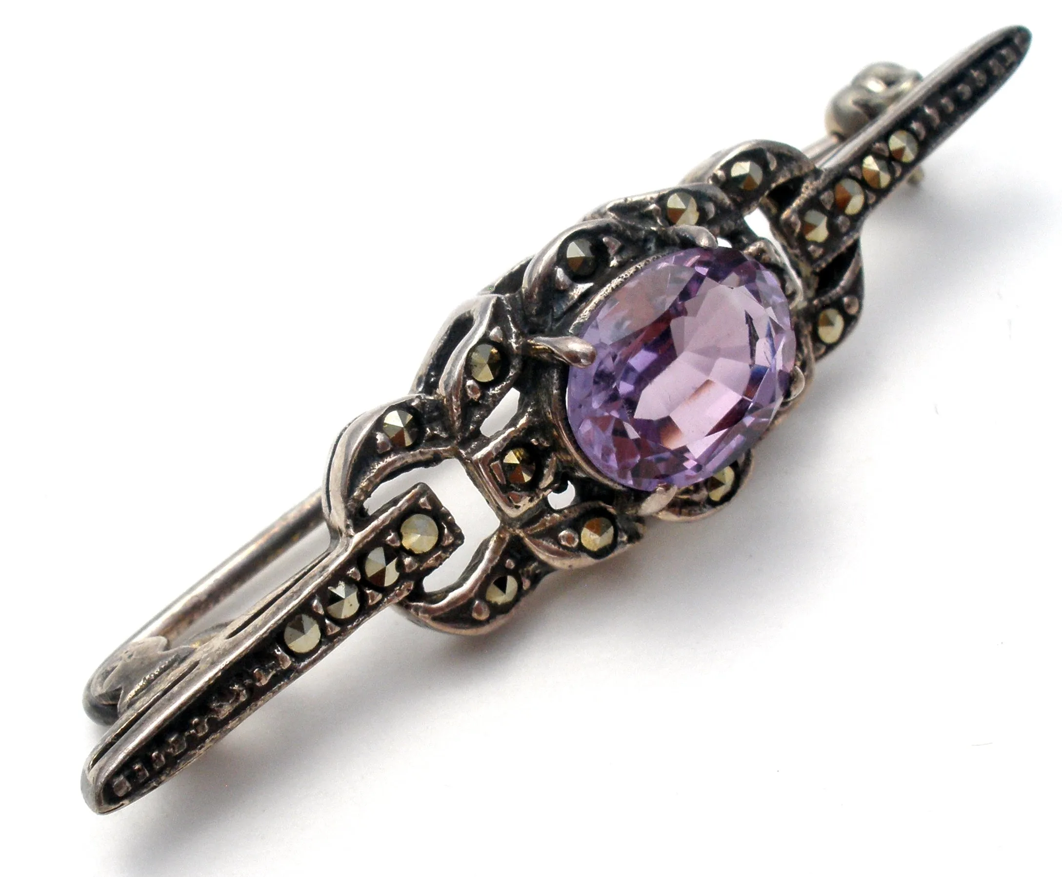 Amethyst & Marcasite Sterling Silver Bar Pin