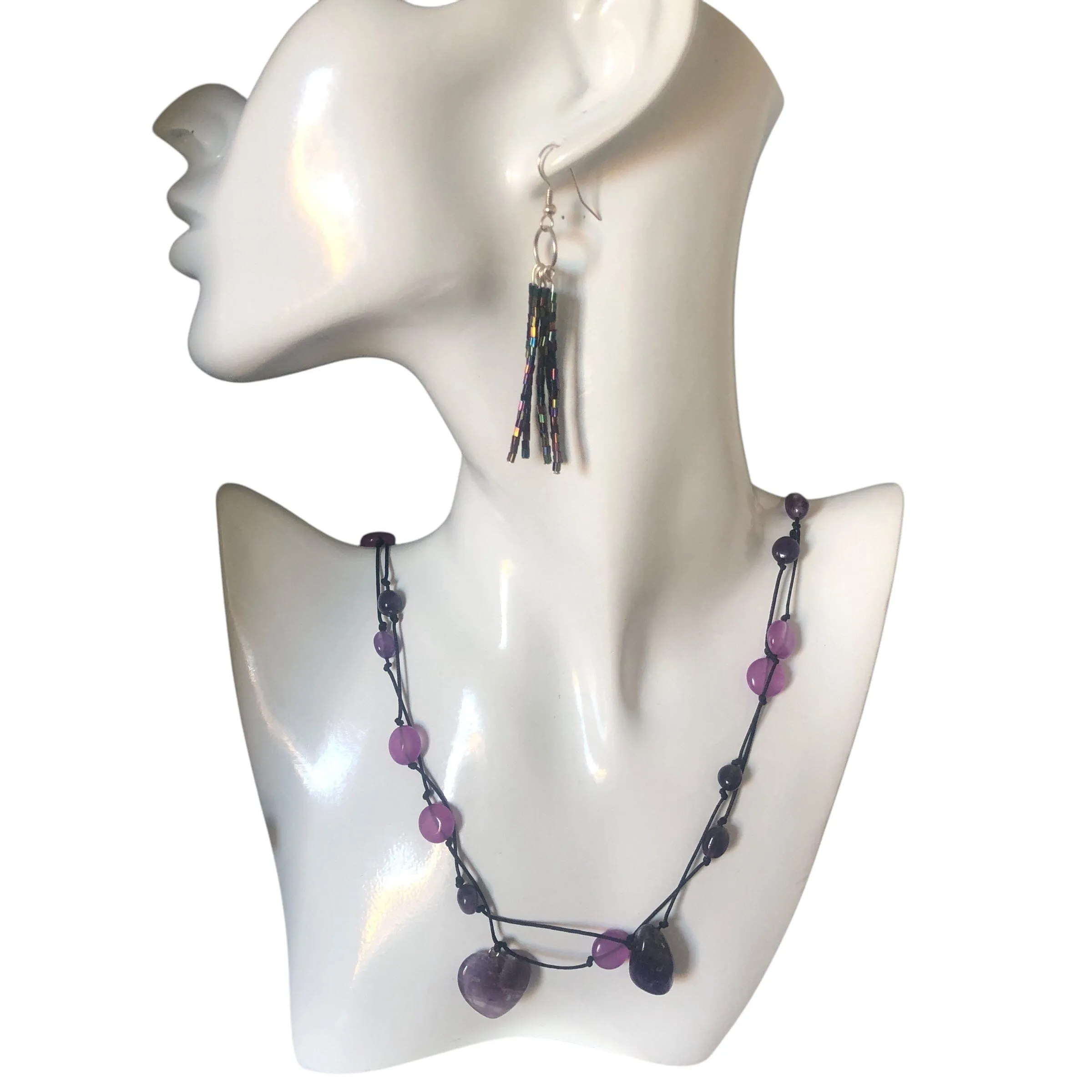 Amethyst and Black Thread Beaded Necklace