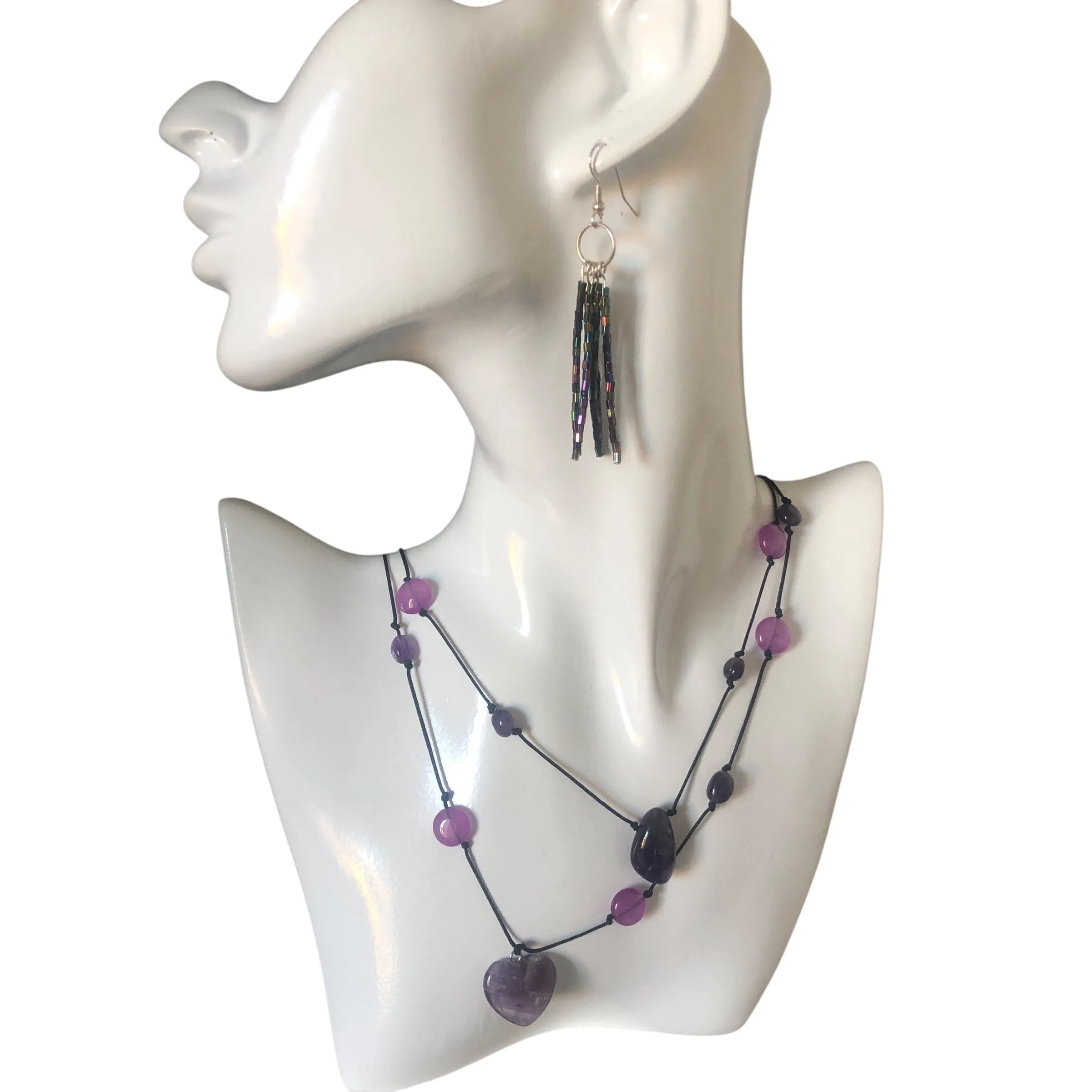 Amethyst and Black Thread Beaded Necklace