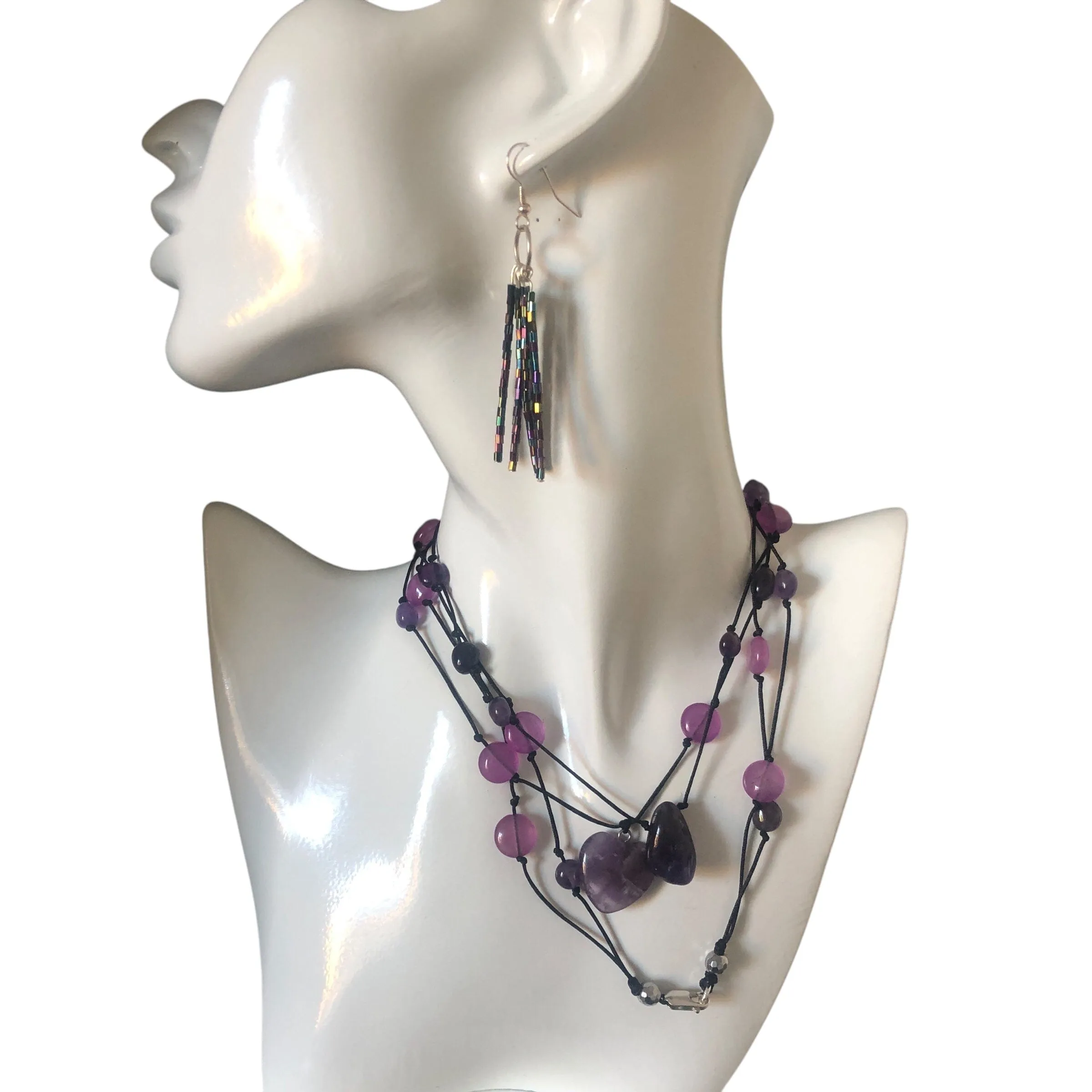 Amethyst and Black Thread Beaded Necklace