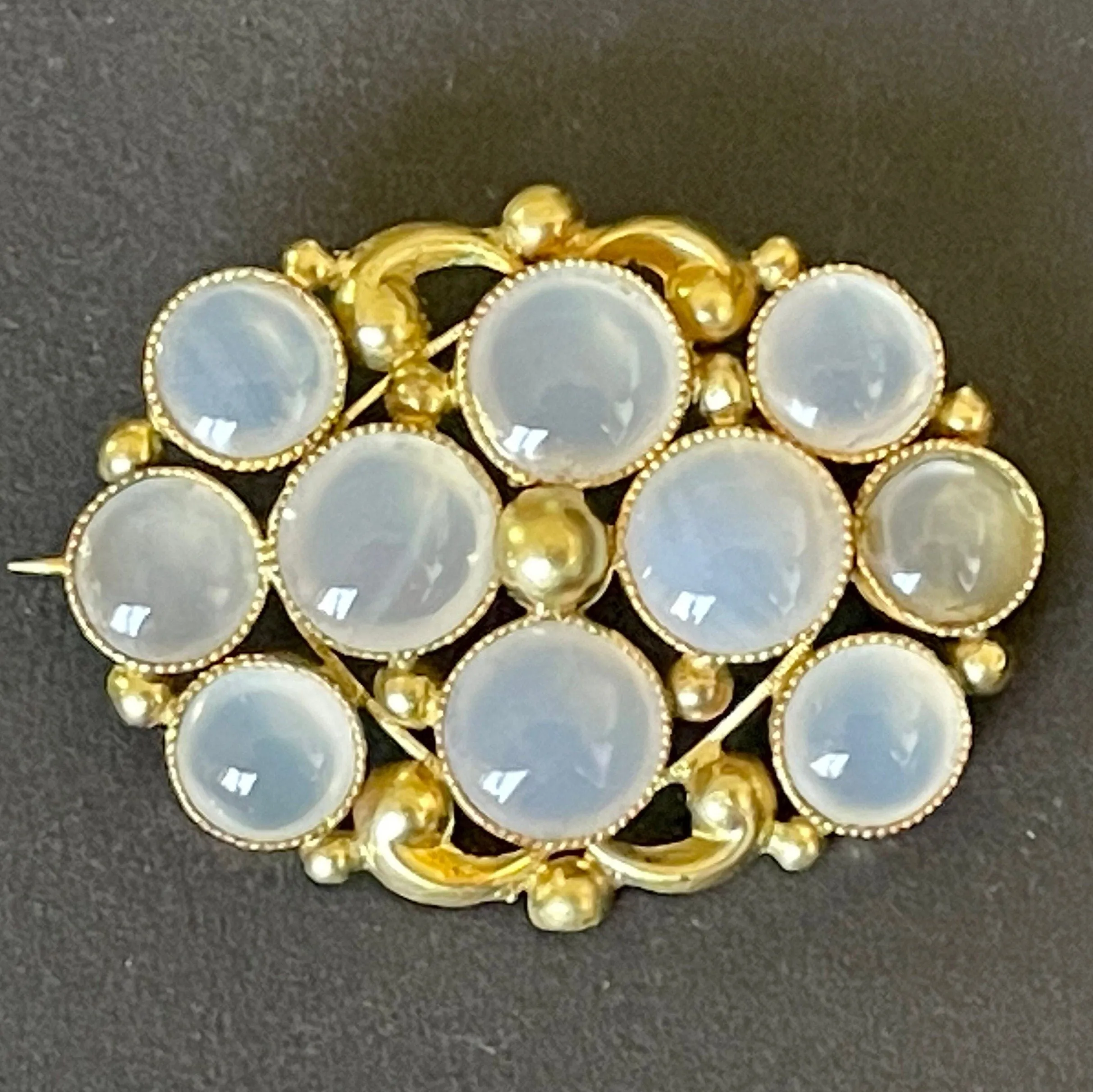 Antique Georgian gold tone yellow metal possibly pinchbeck and natural moonstone cabochon brooch pin, beautiful