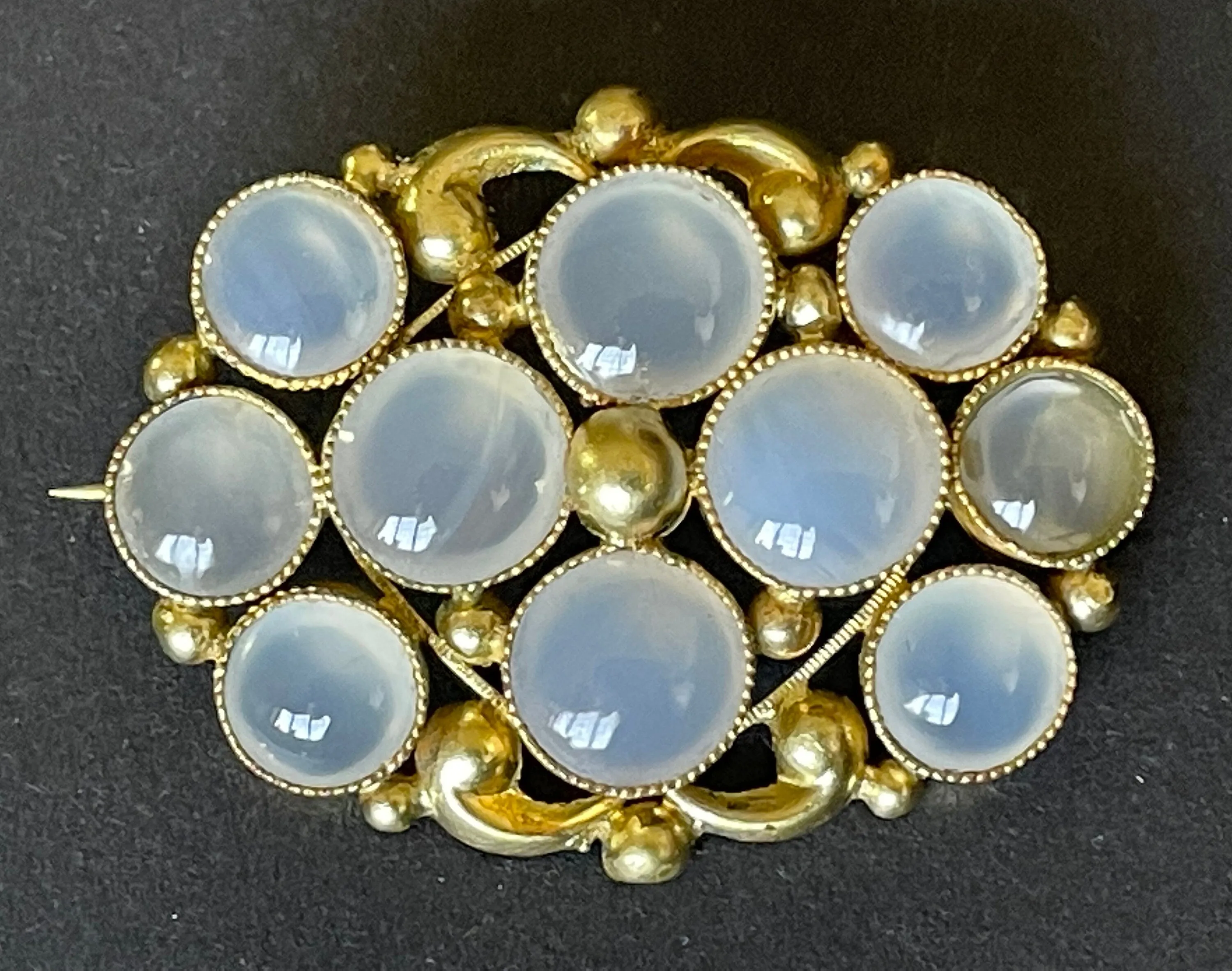 Antique Georgian gold tone yellow metal possibly pinchbeck and natural moonstone cabochon brooch pin, beautiful