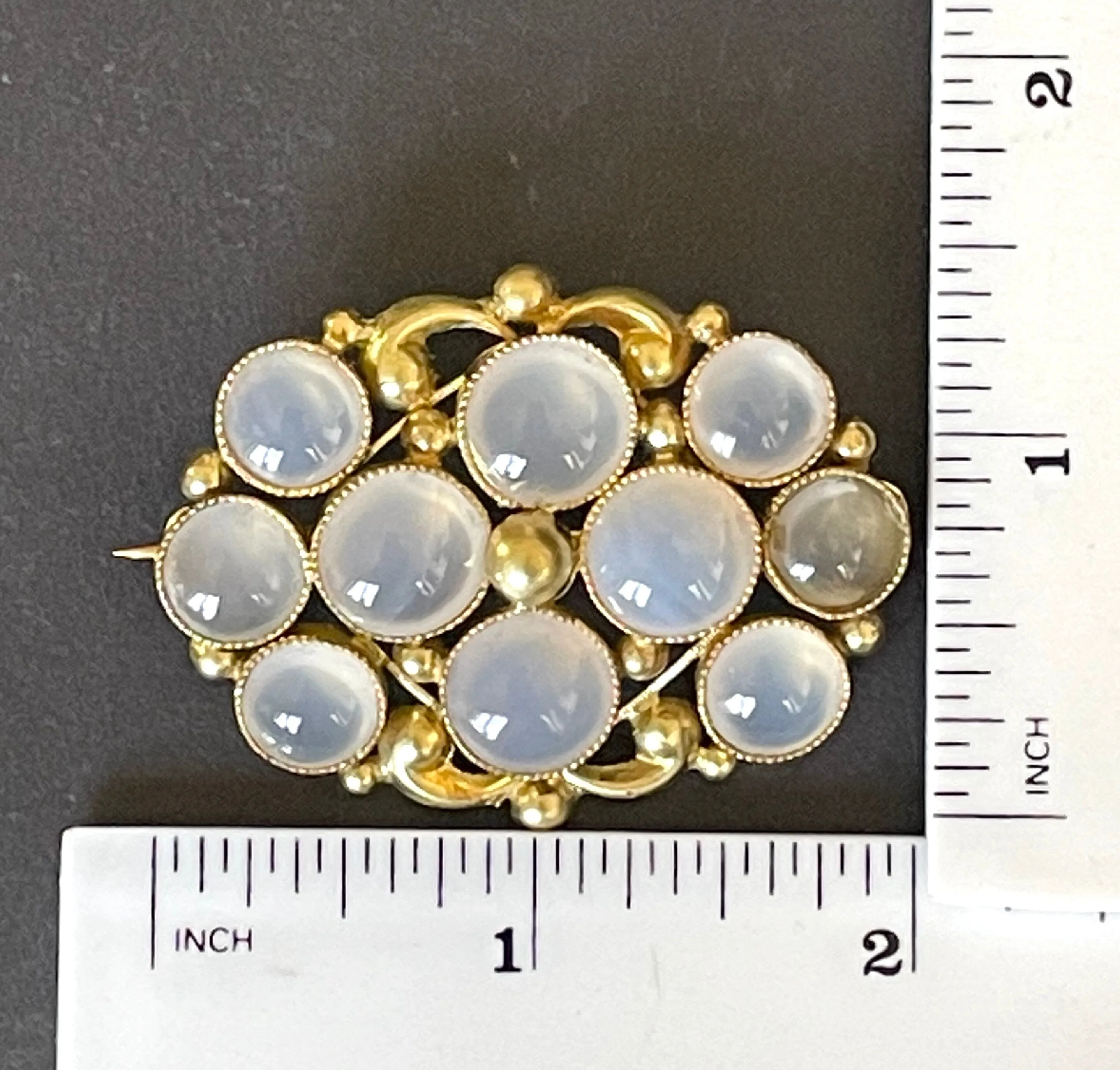 Antique Georgian gold tone yellow metal possibly pinchbeck and natural moonstone cabochon brooch pin, beautiful