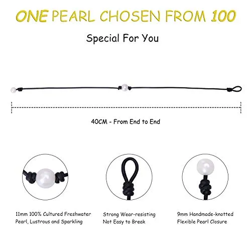 Aobei Pearl Single Cultured Freshwater Pearl Necklace Choker for Women Genuine Leather Jewelry Handmade, Black, 16 inches