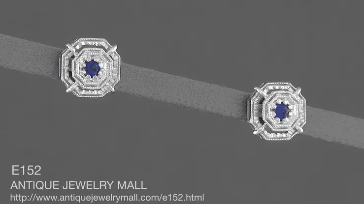 Art Deco Blue Sapphire Stud Earrings in 18 Karat White Gold