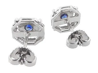 Art Deco Blue Sapphire Stud Earrings in 18 Karat White Gold