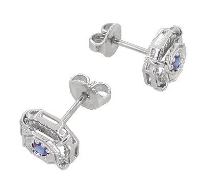 Art Deco Blue Sapphire Stud Earrings in 18 Karat White Gold