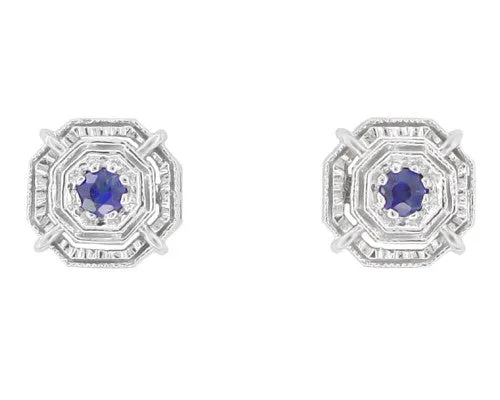 Art Deco Blue Sapphire Stud Earrings in 18 Karat White Gold