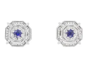 Art Deco Blue Sapphire Stud Earrings in 18 Karat White Gold