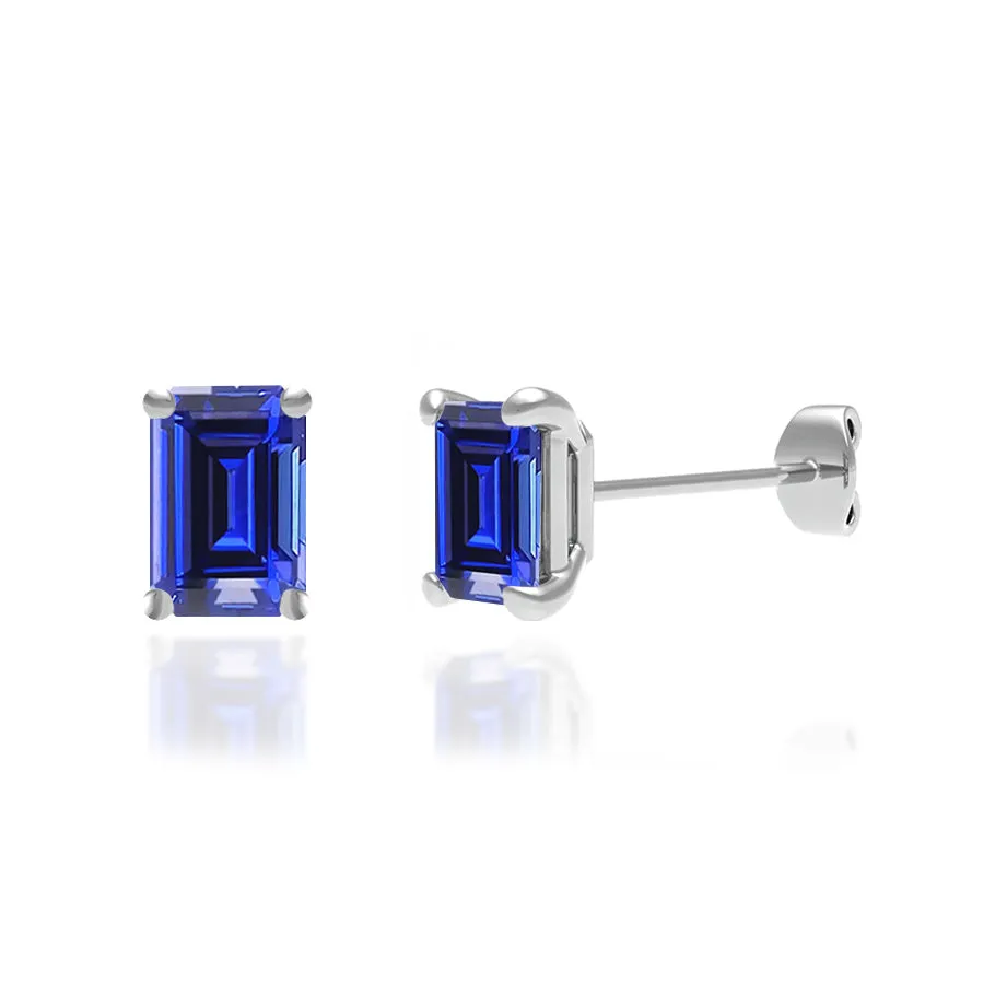 AVIANA - Emerald Blue Sapphire 18k White Gold Stud Earrings