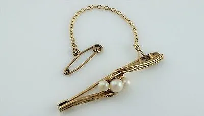 Beautiful Vintage 9ct Yellow Gold Brooch Pin Set with Pearls