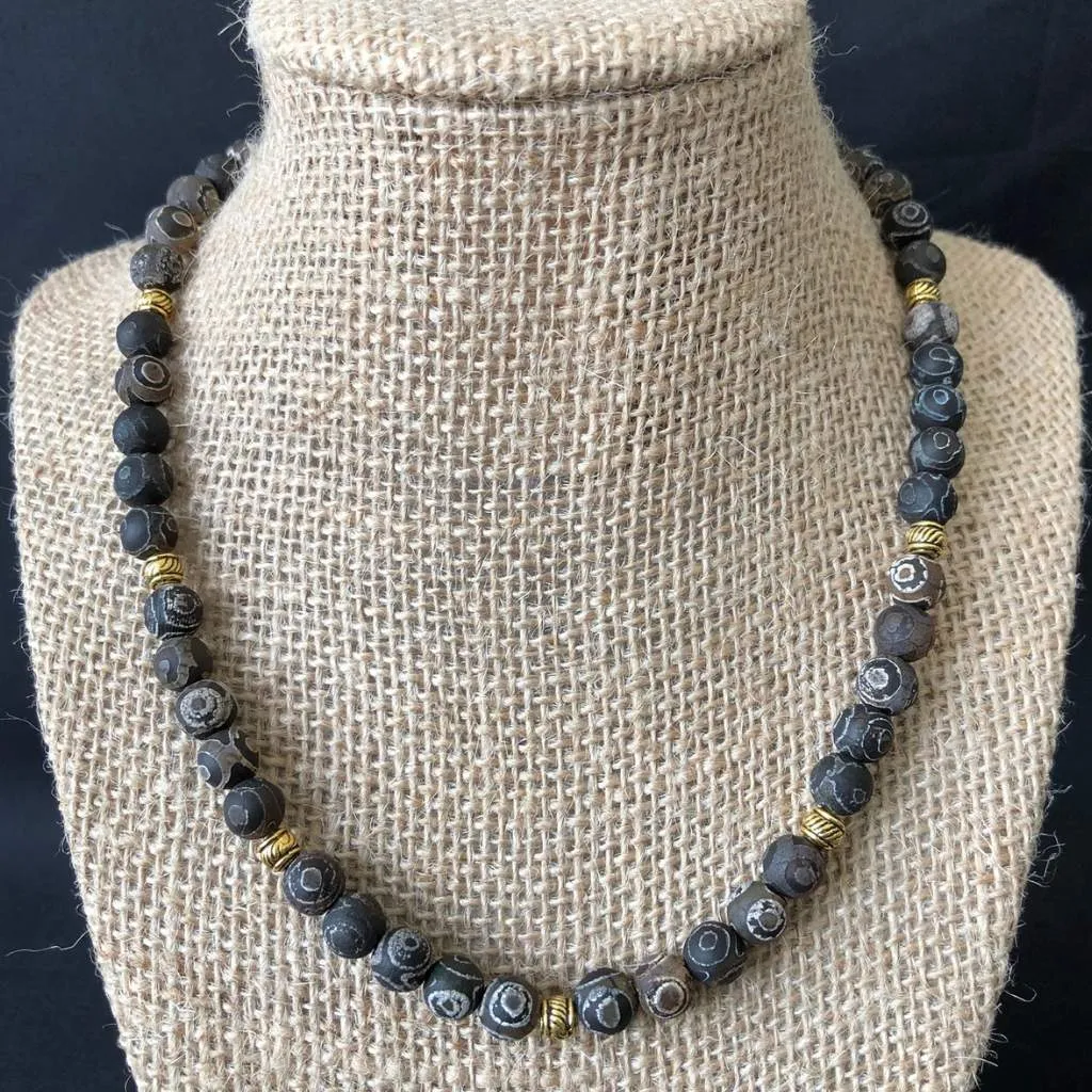 Black and Gray Swirl Matte Agate Mens Beaded Necklace