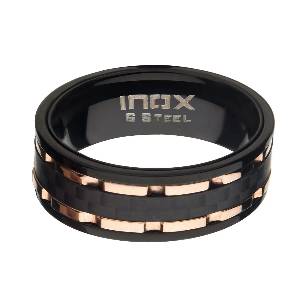 Black Carbon Fiber Hammered Ring with Rose Gold IP Lines