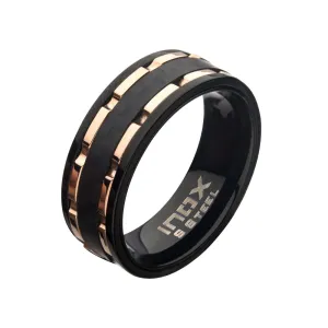 Black Carbon Fiber Hammered Ring with Rose Gold IP Lines