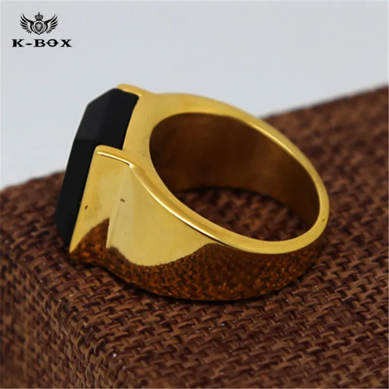 Black Square Agate Men's Gold Color Stainless Steel Ring