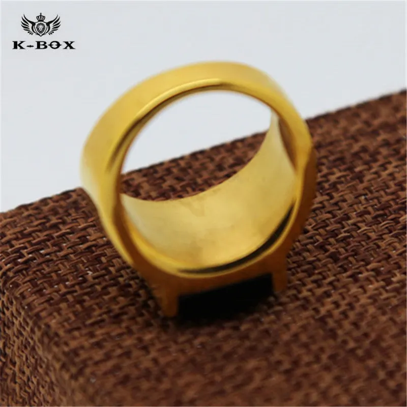 Black Square Agate Men's Gold Color Stainless Steel Ring