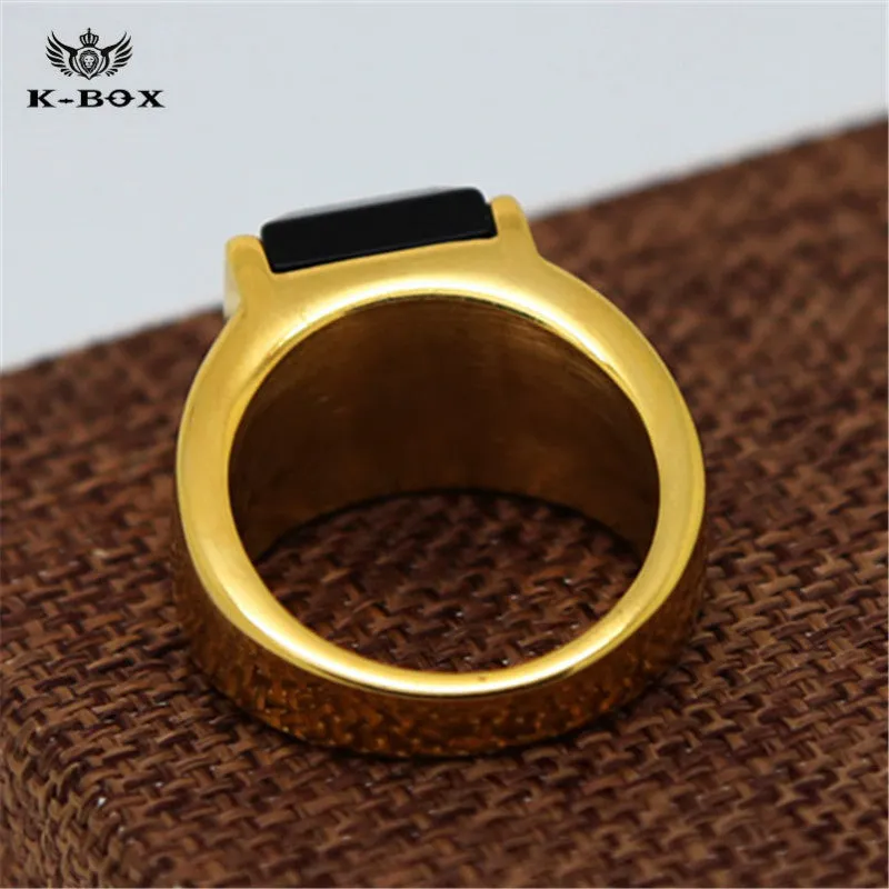 Black Square Agate Men's Gold Color Stainless Steel Ring