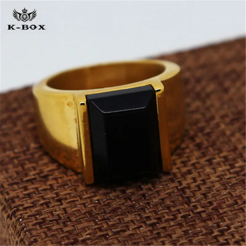 Black Square Agate Men's Gold Color Stainless Steel Ring