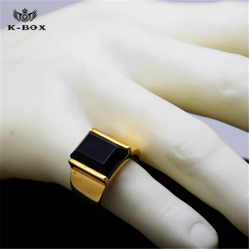 Black Square Agate Men's Gold Color Stainless Steel Ring