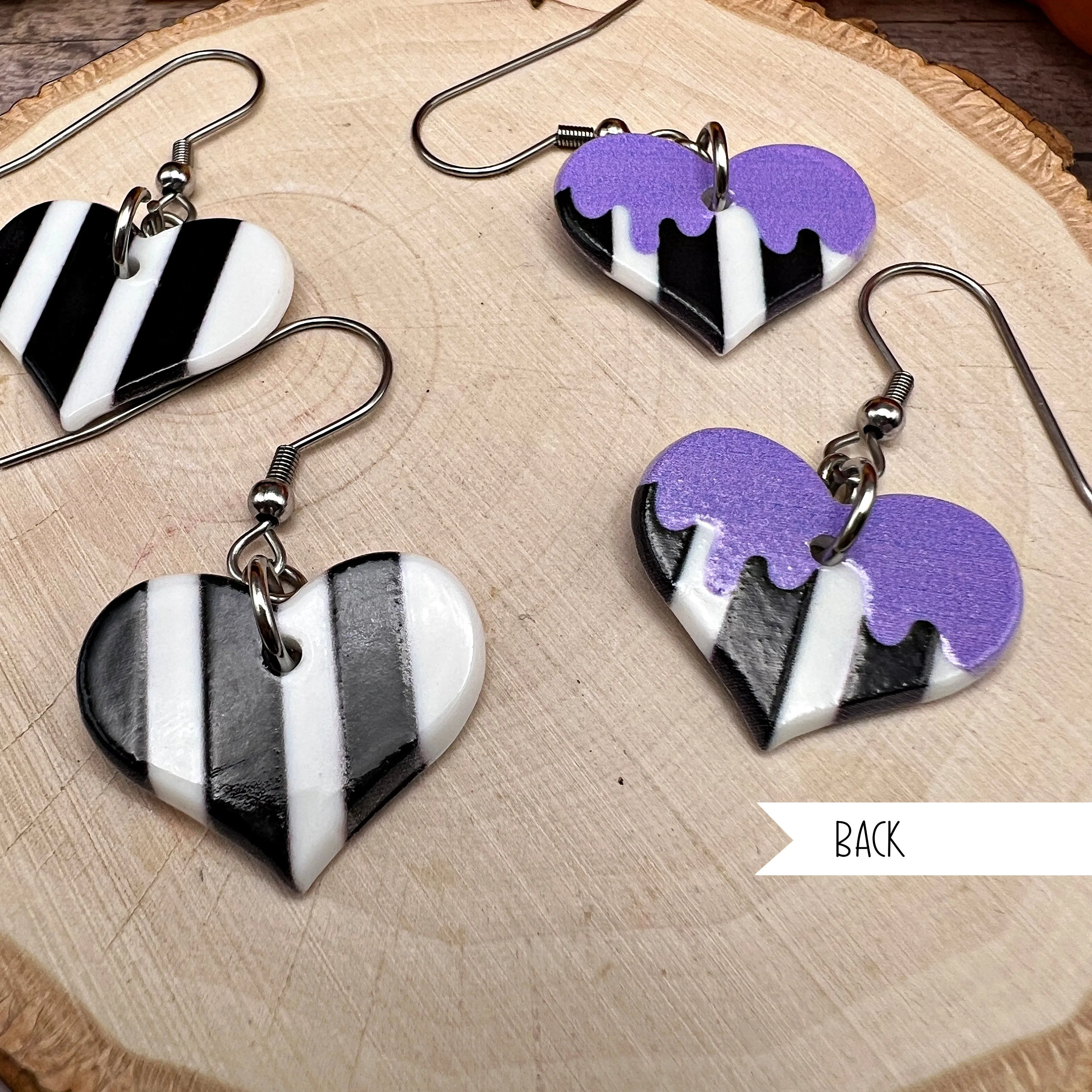 Black White and Purple Striped Heart Halloween Earrings