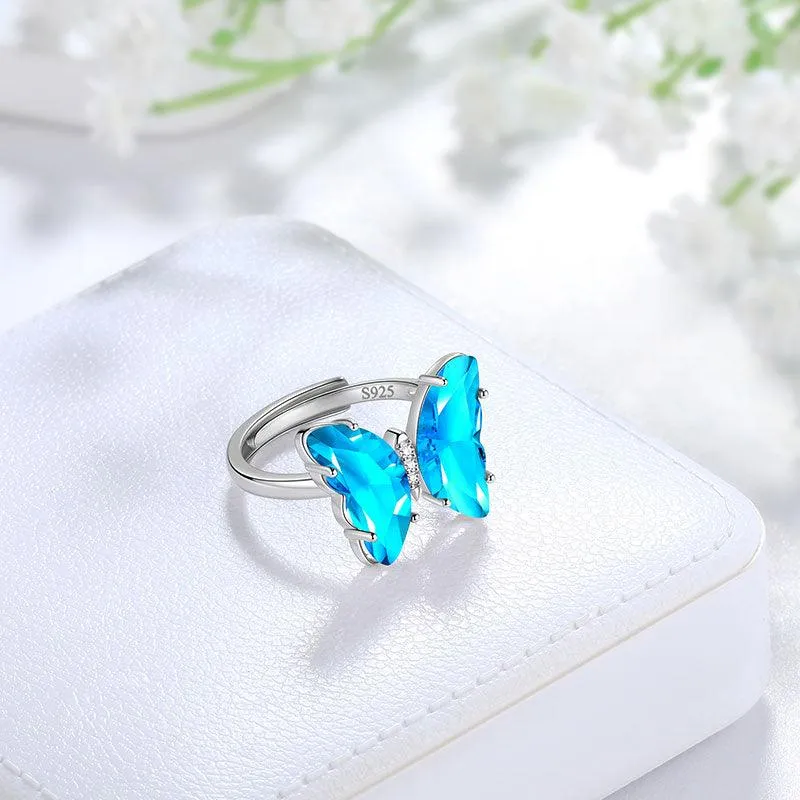 Blue Butterfly Ring March Aquamarine Birthstone Women Girls Jewelry Birthday Gift