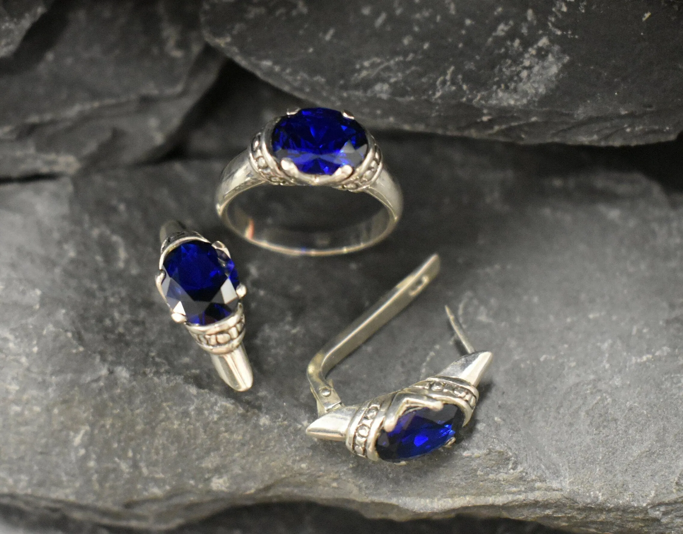 Blue Sapphire Earrings - Blue Stud Earrings - Tribal Sapphire Earrings